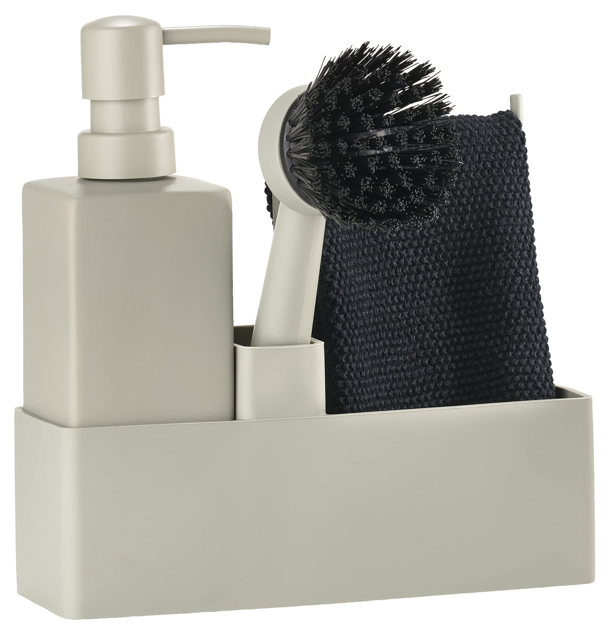 Zone Denmark Mud Dish Washing Up Organiser with Soap Dispenser/Detergent Dispenser, Dish Cloth and Washing Up Brush, 19 x 6 x 20.5 cm, Set of 4 Pieces