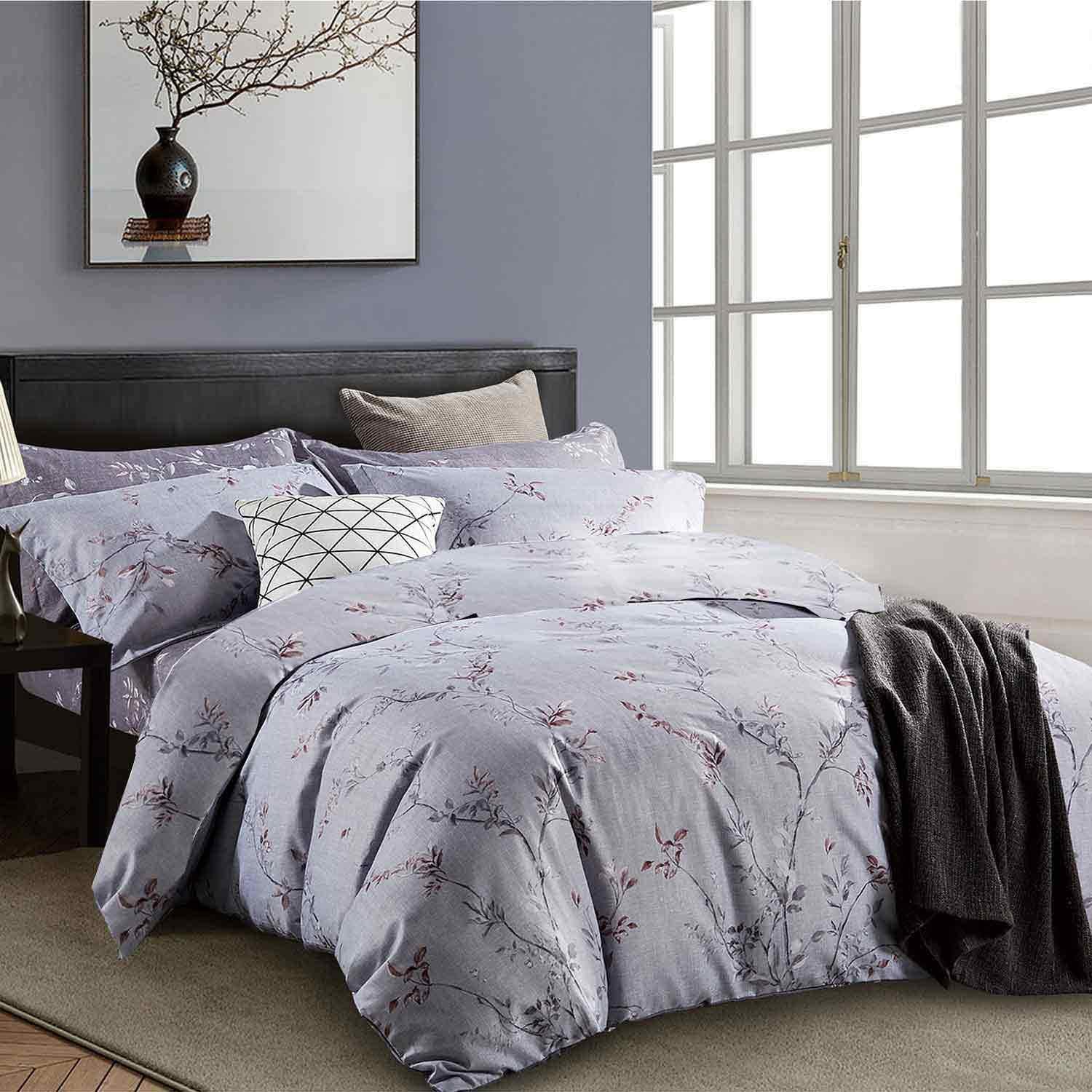 Duvet Cover Set Queen Size - 3 Pieces Floral Microfiber Soft Lightweight Down Duvet Comforter Quilt Bedding Covers with Zip Ties - 90x90 inch for Women Men, Light Grey