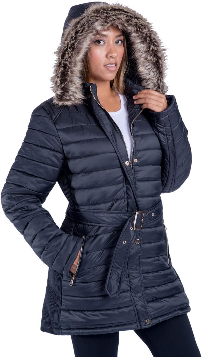 FacitisuWomens Winter Warm Jacket Long Down Faux Fur Hooded Quilted Sherpa Lined Coat