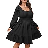 Plus Size Mini Cocktail Dress for Curvy Women Long Sleeve Sweetheart Neckline Ruffle Hem Smocked Flowy Fall Dresses