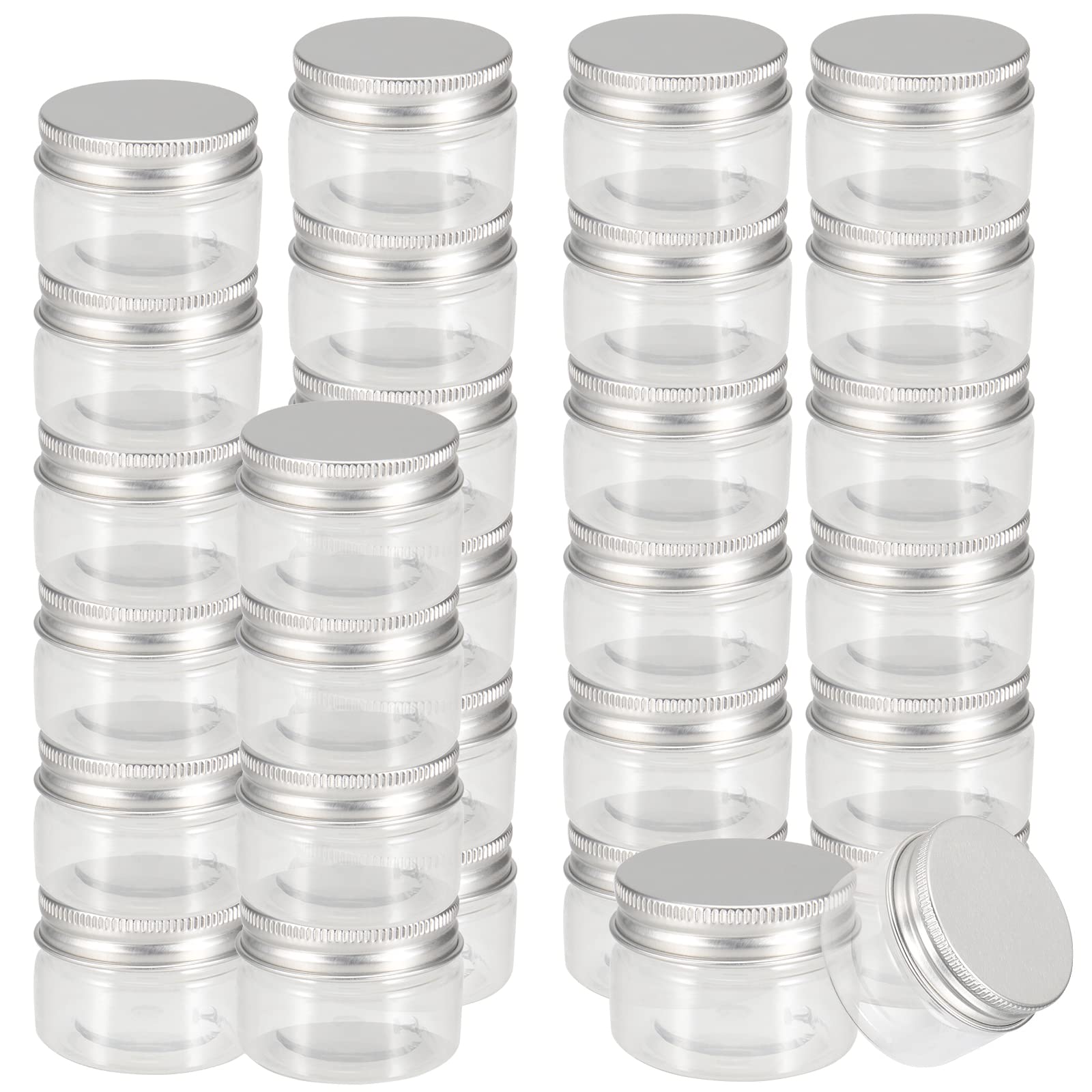 SEUNMUK 30 Pack 1oz/30ml Column Clear Plastic Jars Small Portable Empty Storage Containers Jars with Aluminum Screw Lid, Small Plastic Sample Jar for Cream, Glitter, Slime, 35mm x 50mm