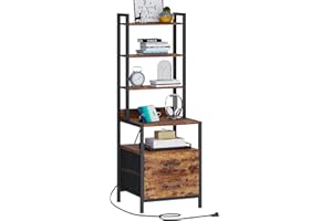 TRIFEBLE Tall Nightstand with Charging Station and Fabric Drawers, 49.6" Tall Bedside Table with 5-Tier Storage Shelves, Night Stand with Bookshelf, End Side Table for Bedroom, Rustic Brown
