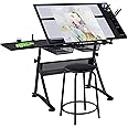Yaheetech Drawing Table, Art Craft Desk with Adjustable Tabletop, Painters/Artist Work Station, Study Table with Stool, Tempered Glass Top