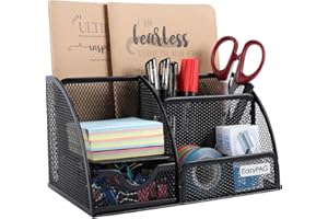 EasyPAG Desk Organizer Mesh Desktop Office Supplies Multi-functional Caddy Pen Holder Stationery with 6 Compartments and 1 Drawer for Office, Home, School, Classroom, Black