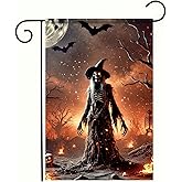 Witch Halloween Garden Flag 12x18 Double-Sided Spooky Bats Scary Skeleton Witch Garden Flag Outdoor Lawn Fall Decoration Banner Holiday Seasonal Yard Flag