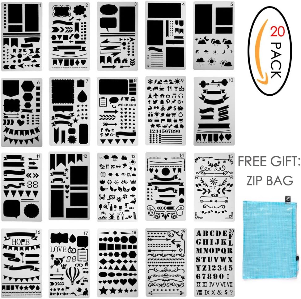 Bullet Journal Stencils,Plastic Planner Stencils Journal,DIY Drawing Template for Diary Notebook Scrapbook Craft Projects 20 Pack