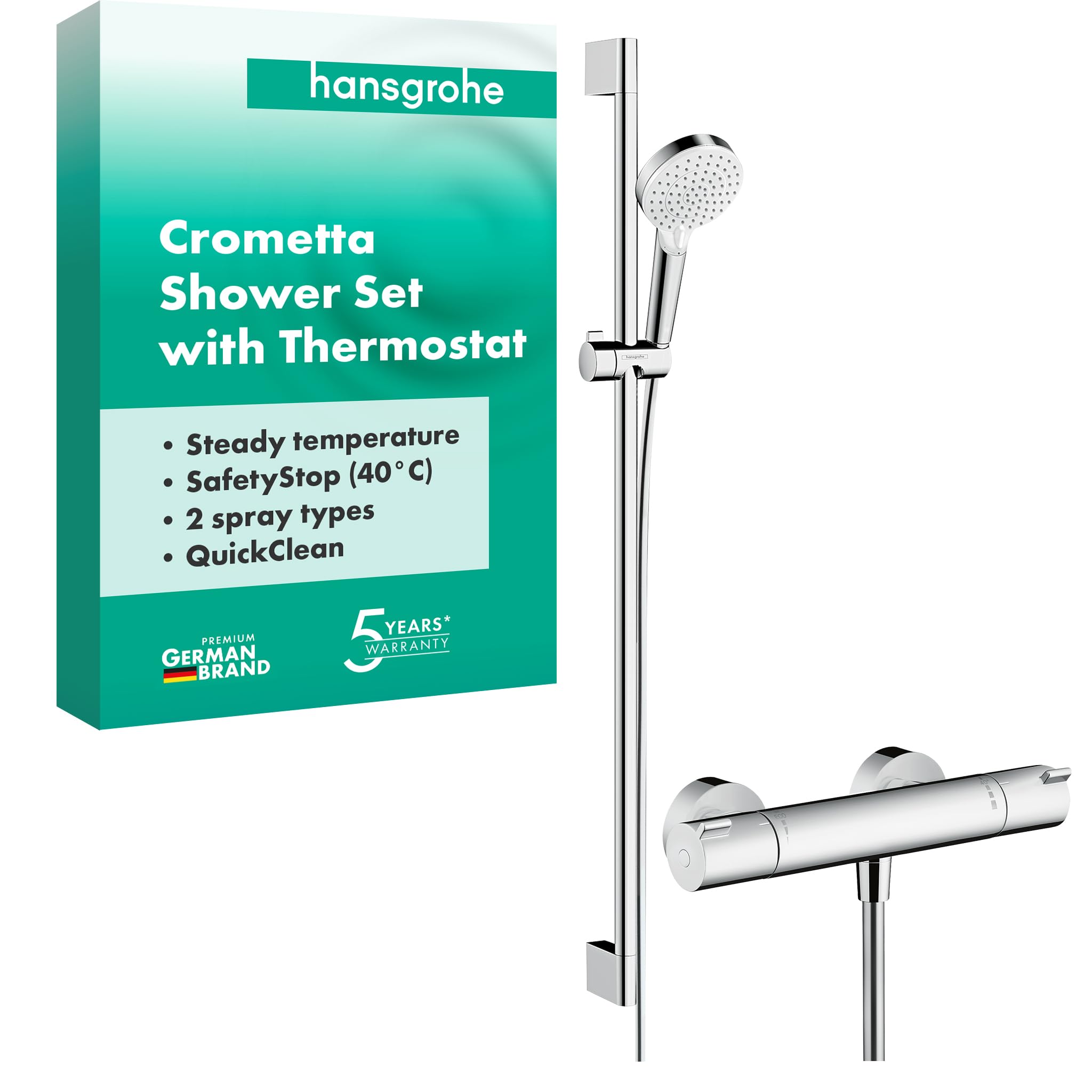 hansgrohe Crometta - shower set with shower thermostat Ecostat 1001 CL, shower head with shower rail 90cm, shower head holder and shower hose 1,60m, hand shower with 2 sprays, white/chrome