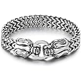 COOLSTEELANDBEYOND Viking Dragon Head Bracelet for Men, Steel Woven Franco Chain Norse Beast Clasp, Bold Norse Jewelry