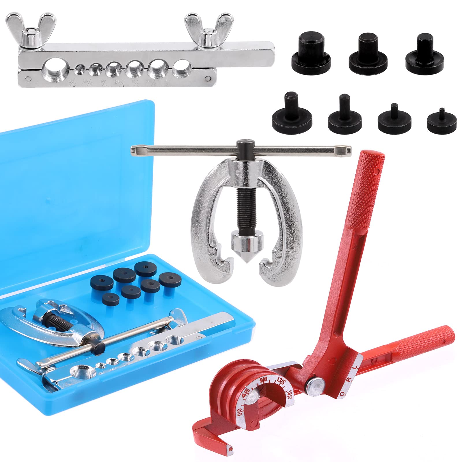 Wokape Flaring Tool Set, Incl Double & Single Flaring Tool Kit with Adapters 180 Degree 3 in 1 Tubing Bender for Plumbing Copper