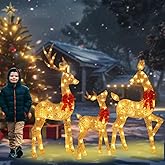 48 Inch 2.5D Gold Lighted Christmas Deer Decorations 3-Piece Outdoor Holiday Decorations Reindeer Set with 145 Warm White LEDs, Large Yard Display for Garden, Storefront