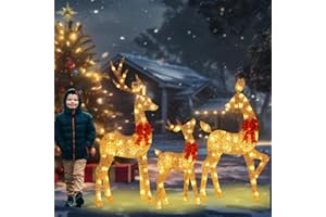 HBSPACSTIAL 48 Inch 2.5D Gold Lighted Christmas Deer Decorations 3-Piece Outdoor Holiday Decorations Reindeer Set with 145 Warm White LEDs, Large Yard Display for Garden, Storefront