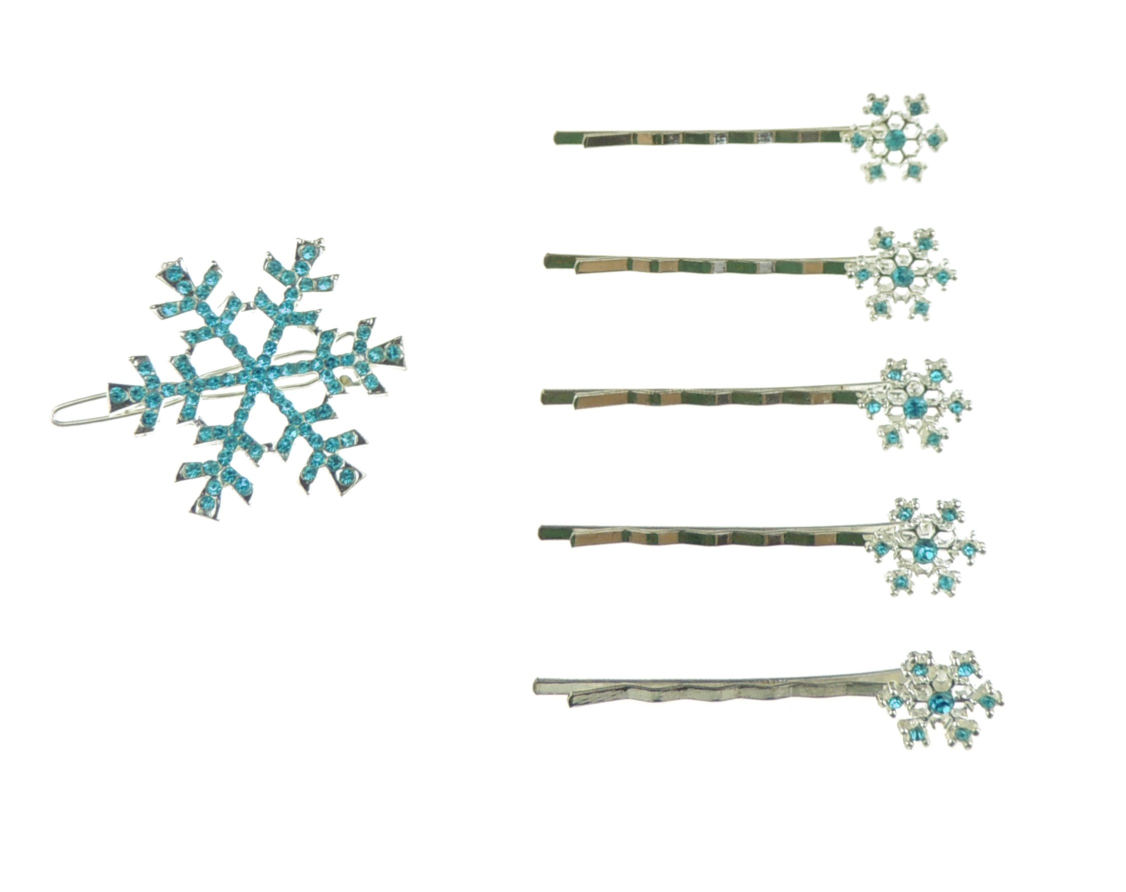 Womens Girls Sparkly Festive Christmas Snowflake Rhinestone Jeweled Crystal Diamante Party Birthday Christmas Bridal Wedding Accessories Slides Hairpin Hair Clips Grips Bobby Pins 6 PIECE SET (Blue)