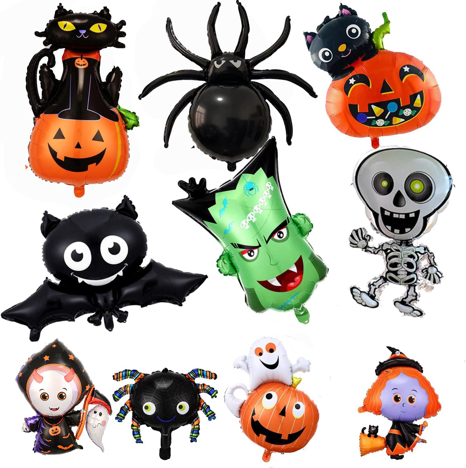 10PCS Halloween Balloons, Giant Halloween Foil Balloons, Pumpkin Spider Bat Witch Skeleton Ghost Helium Balloons for Party Decoration