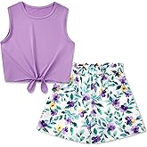 Ochine Girl's 2 Piece Outfits Summer Sleeveless Tie Knot Tank Top and Paperbag Waist Girls Shorts Set Clothes Sets 4-12 Years