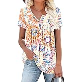 POPYOUNG Women's Summer Tops Short Sleeve Tunic Loose Fitting Henley Shirts Button Down Blouses