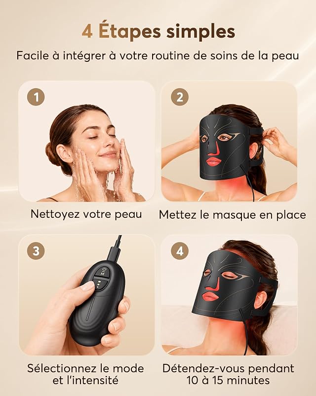 Masque LED Visage Luminothérapie 3D Filaire, 4 Modes, 850 nm, NVV06