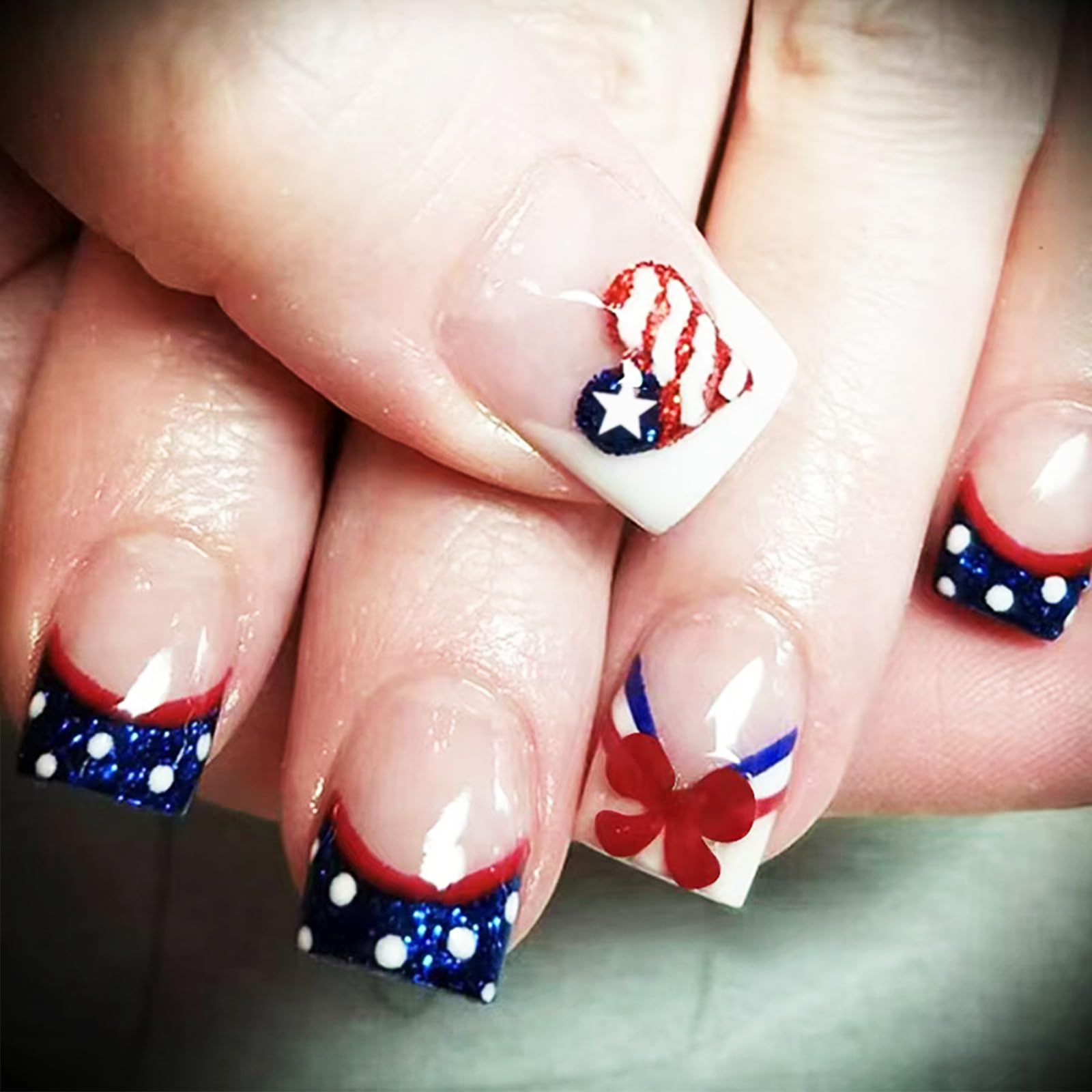 Photo 1 of 24Pcs 4th of July Press on Nails Independence Day Acrylic Short Square Fake Nail Navy Stick on Fingernails Glossy Blue French Tips False Nails Fourth of July Gel Glue on Nail for Coquette Women Girls