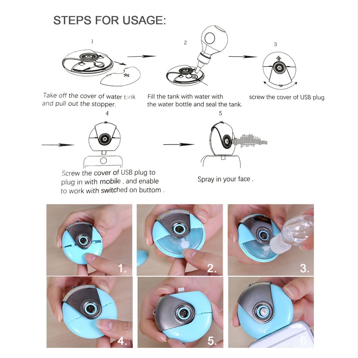 Mini facial sauna for phone,Humidifier Cell Phone Beauty Mist Spray Diffuser, Portable Mobile Phone Filling Water Meter for iPhone7/7plus/ 5/5s/5c/6/6s Plus/SE (Blue)