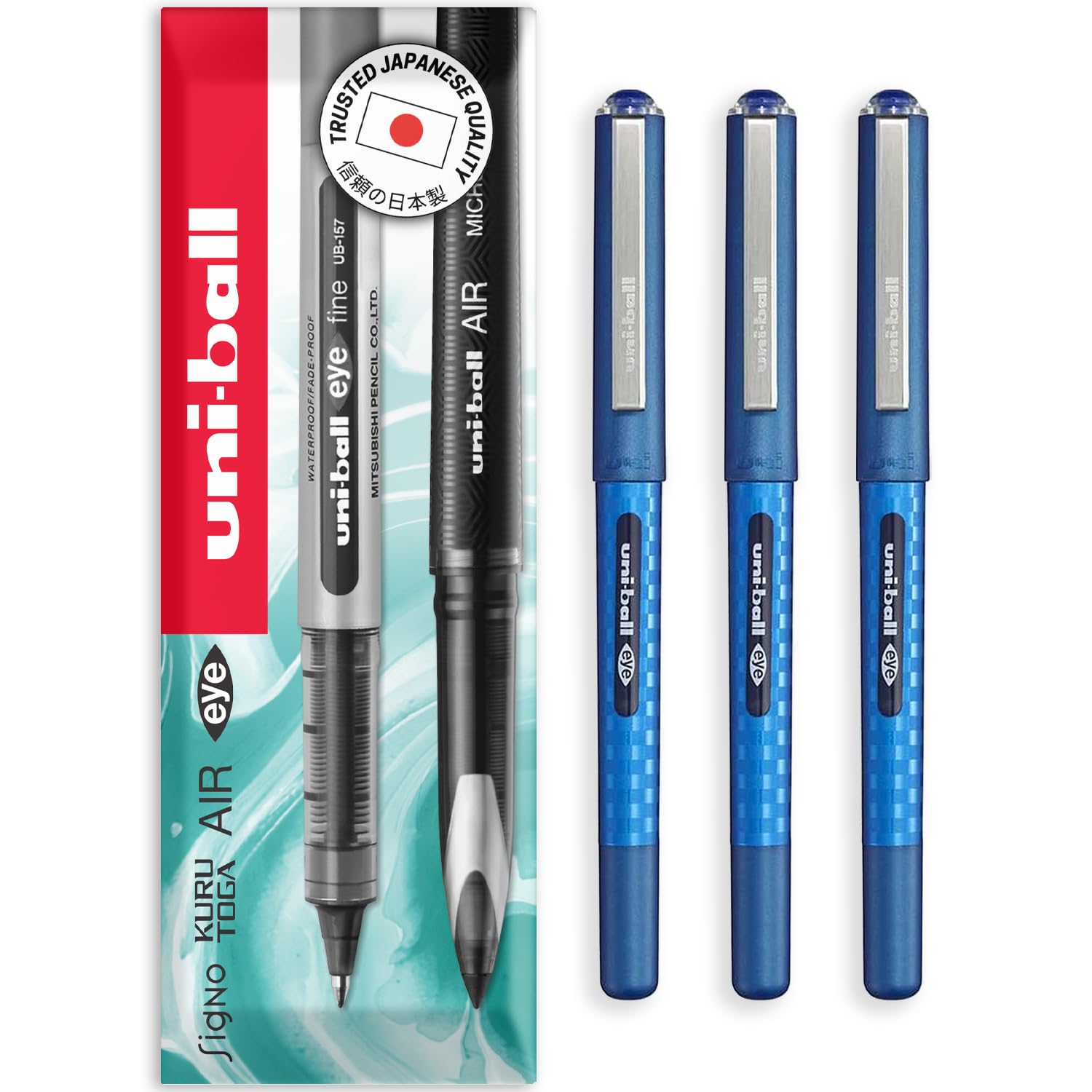 uni-ball EYE - UB-157D Liquid Ink Rollerball Pens - 0.7mm Nib - In Envelope Gift Packaging (Pack of 3, Blue)