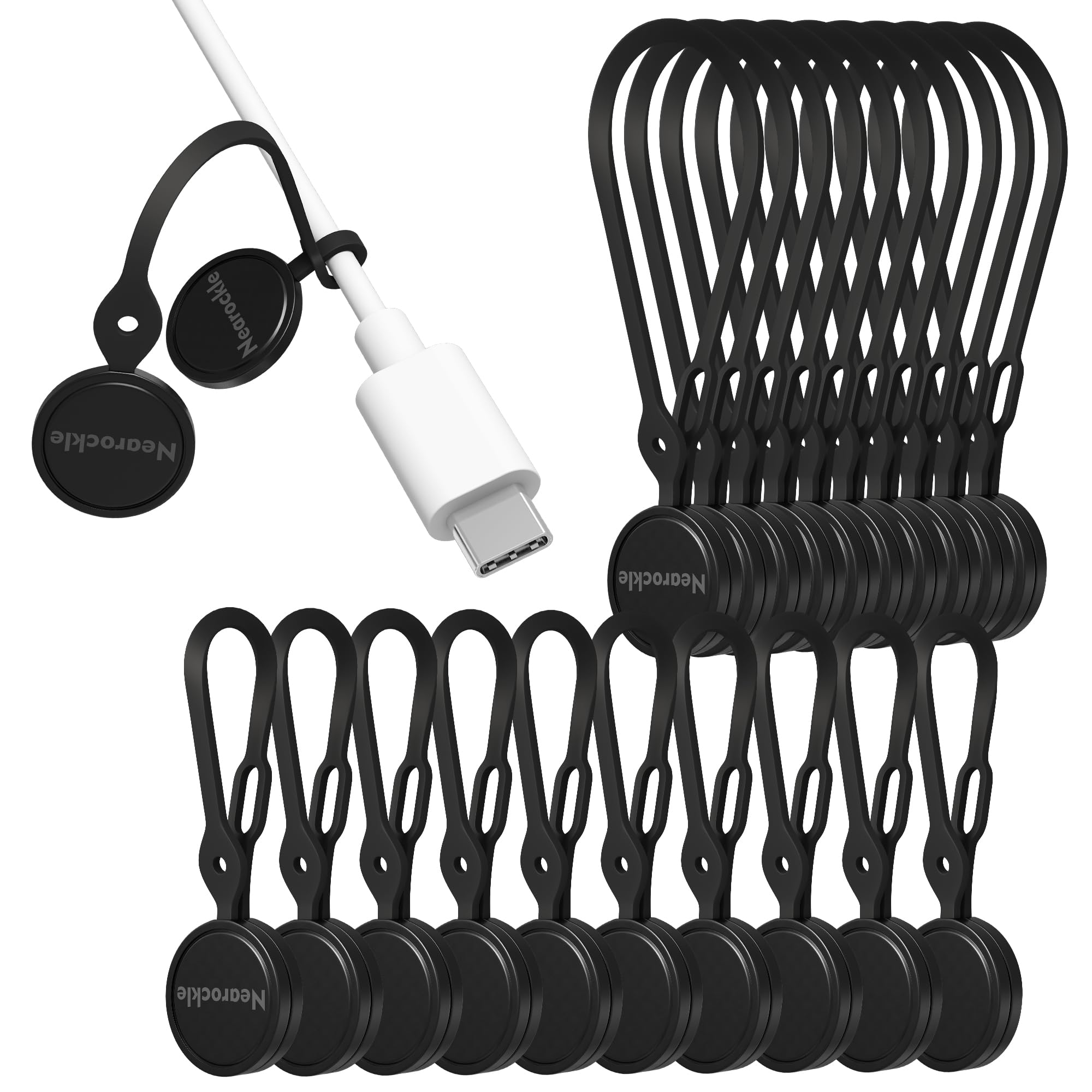 20Pcs Nearockle Reusable Magnetic Cable Ties, 2024 Upgraded 7.3"&3.3" N52 Strong Magnet Cable Clips Cord Organizer for Desk Electrical Cords, Charging Cords, Whiteboard Fridge Magnets (Black)