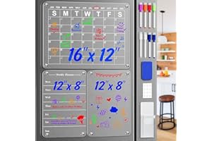 EAONE 3 Pcs Acrylic Magnetic Calendar for Fridge, 16"x12" Clear Dry Erase Monthly Calendar, Weekly Planner & Memo Board for Refrigerator, Including 8 Dry Erase Markers, Pen Holder, and Dry Eraser