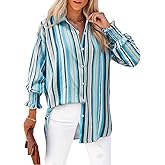 Women's Striped Button Down Shirts Long Sleeve Smocked Cuffed Oversized Boyfriend Blouses Collared Work No Pockets Tops
