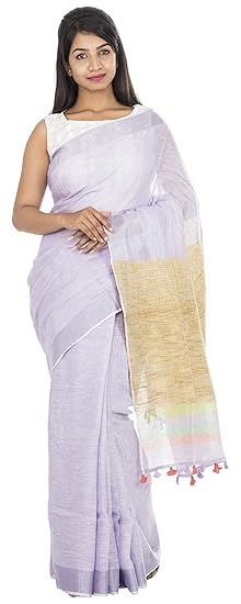 100 count Soft and Pure Linen Saree for Women (Purple) with Blouse Piece (Free Size)