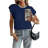 SOLY HUX Women's Short Sleeve Sweater 3D Floral Sweaters Pullover Tank Tops Knit Vest Trendy Fashion Clothing Dark Blue White Medium