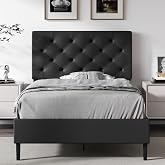 REVOMINCA Twin Faux Leather Bed Frame with Headboard, Black | Upholstered platform bed with wooden slat support, no box spring needed.