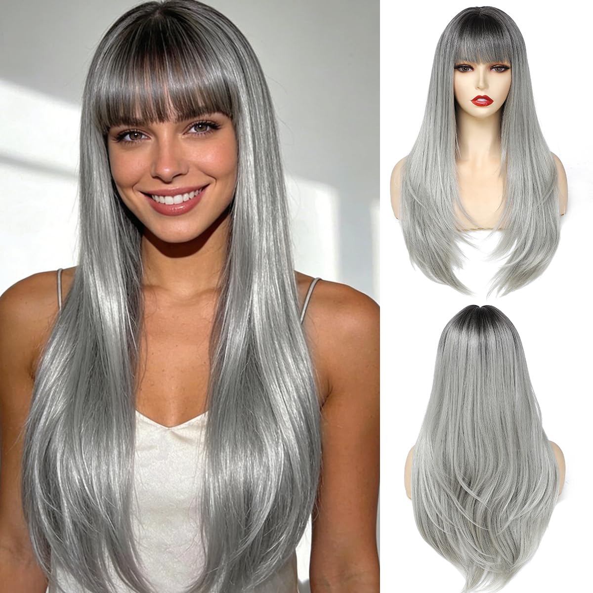 Yamel Wigs with Fringe Ombre Grey Long Hair 24 Inch Adjustable Cosplay or Daily Natural Straight Hair Wigs for Women Lady