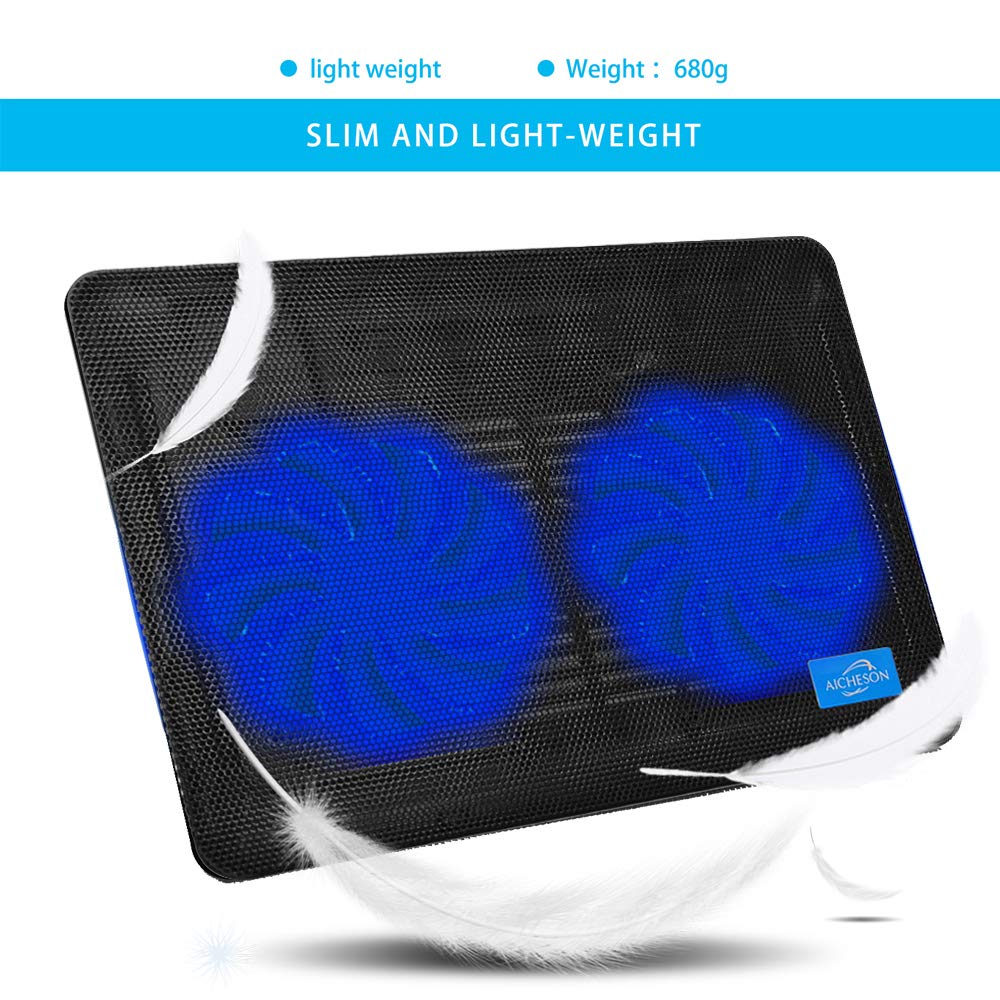 Laptop Cooler, Aicheson Ultra Slim Laptop Cooling Pad Chill Mat with 2 Heavy Duty Quiet Fans USB Powered with LED Lights