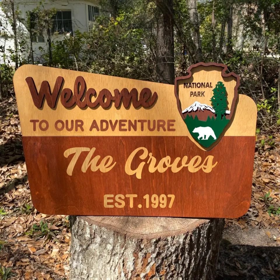Wreath Hangers - Personalized Welcome To Our Adventure Door Sign, Camping Decoration, Gift For Camping Lover, Nature Lover, National Park Family Sign, Outdoor Enthusiast, Travel Wall, Custom National Park Sign