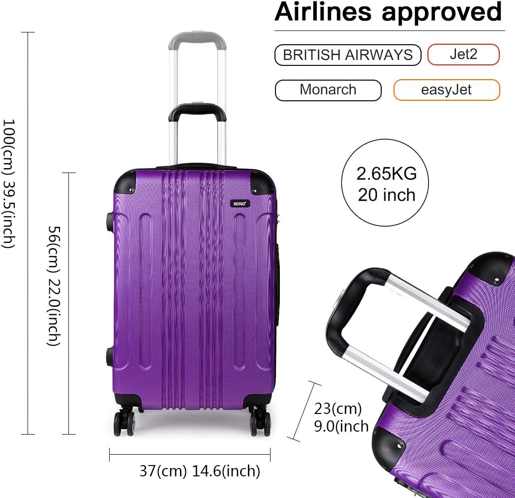Kono Carry on Cabin Suitcase 55x35x20cm Lightweight Hard Shell ABS Hand Luggage with 4 Spinner Wheels (Purple) - Image 3