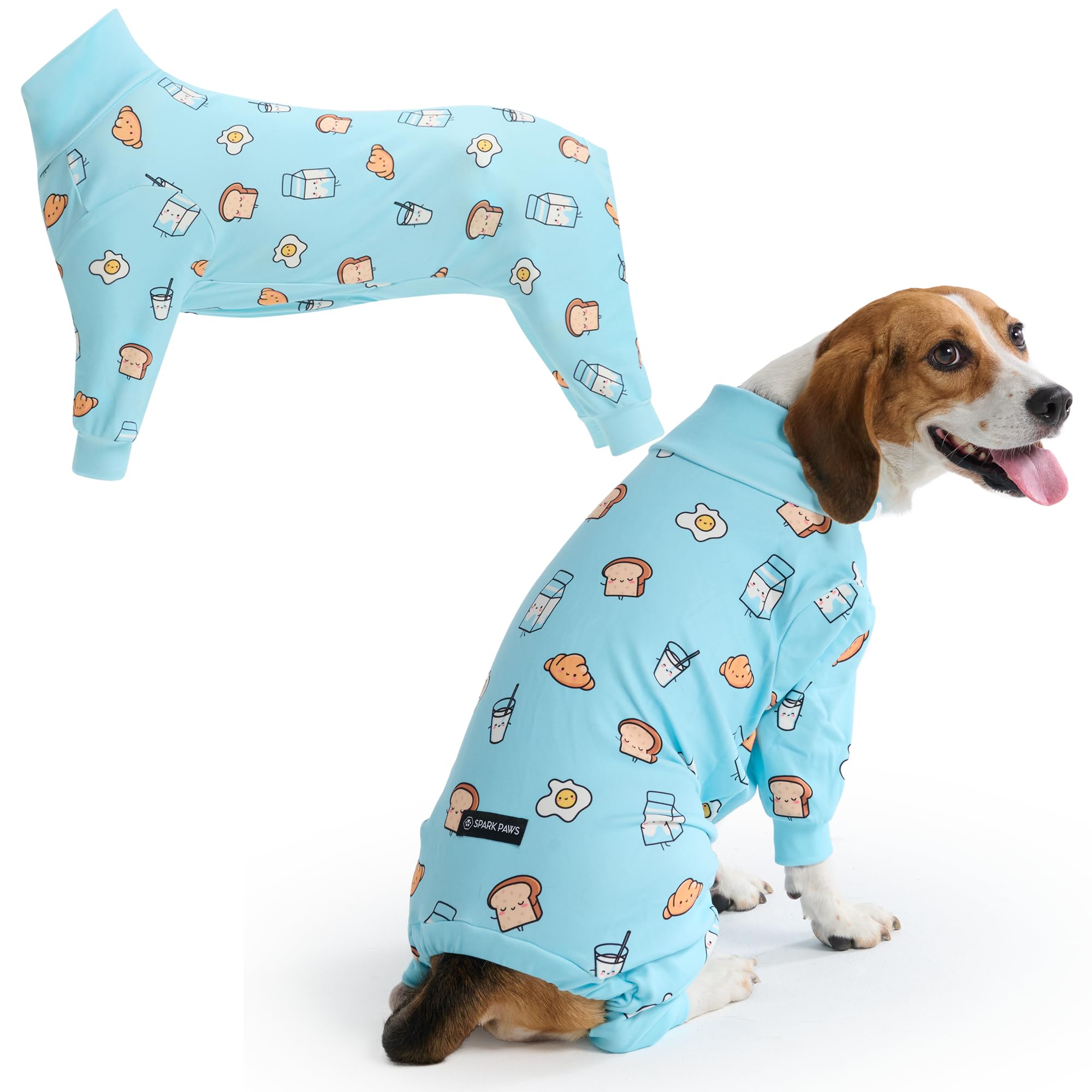 Spark Paws Dog Pyjama, Ultra-soft and 4-way stretch, Recovery-suit PJ Onesie for Small, Medium and Large Breeds - Breakfast Blue - 2XL