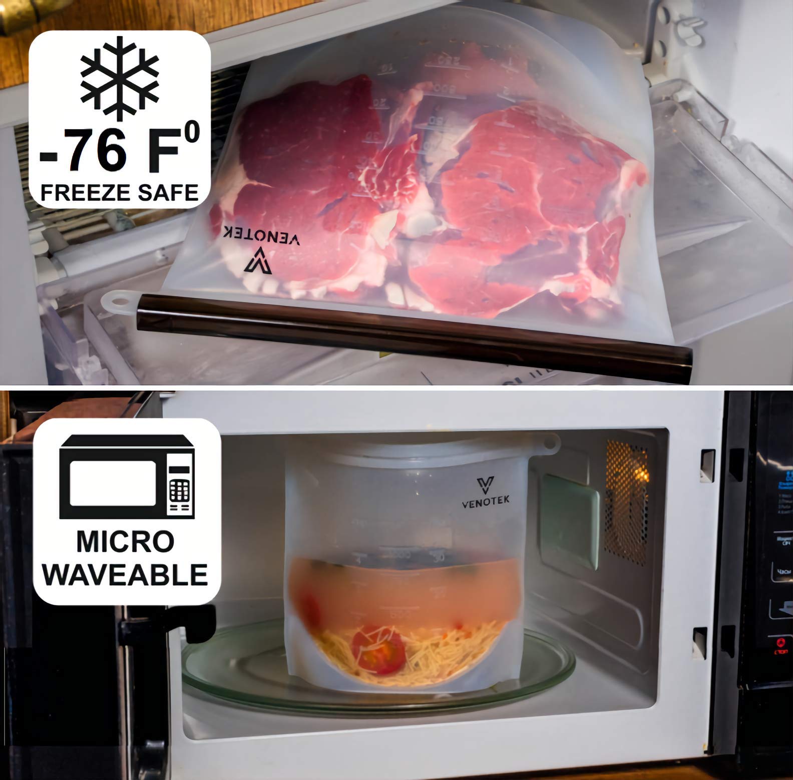 Reusable Silicone Food Bags 2L 2M Venotek Airtight Seal Food