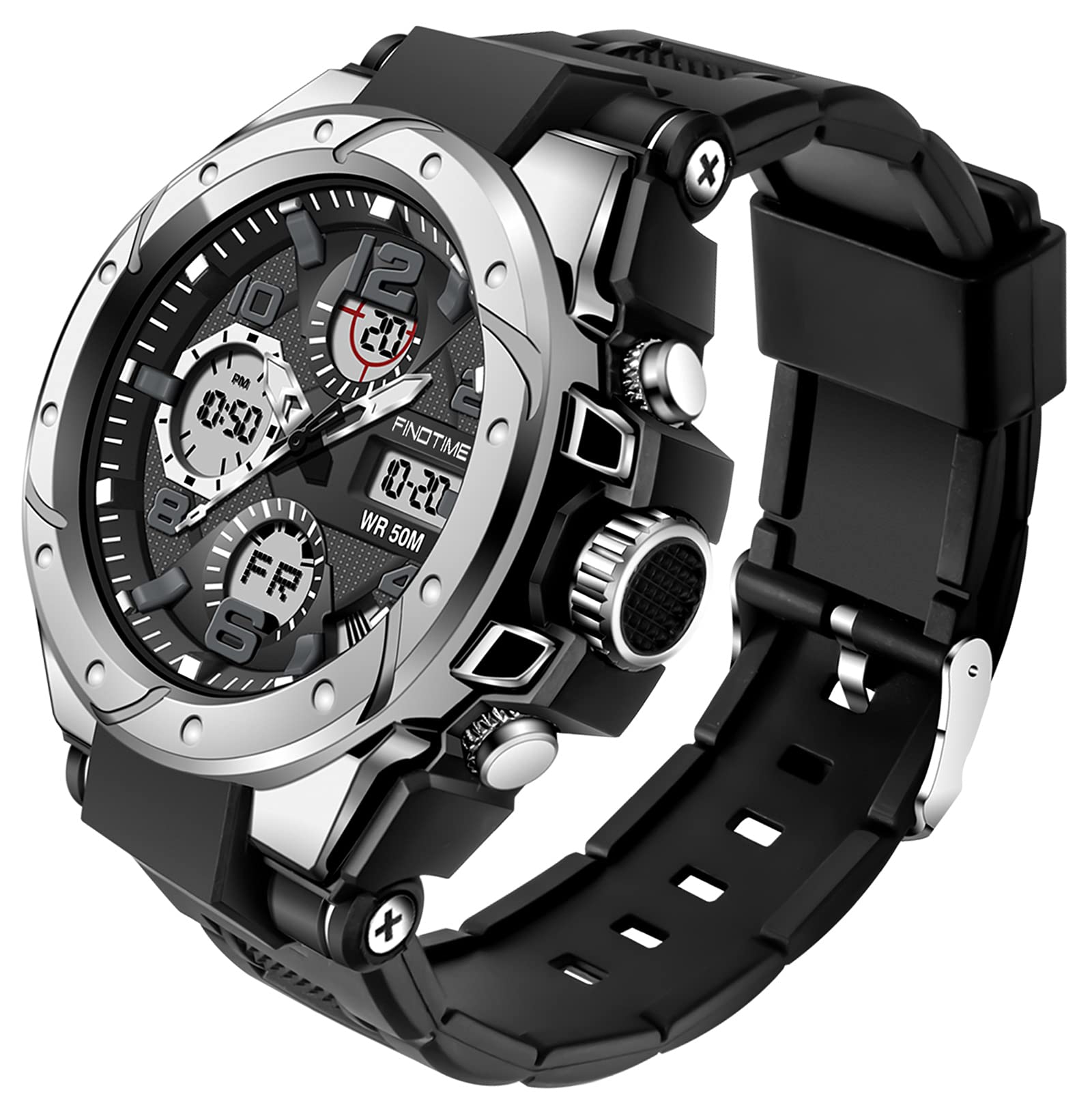 findtime Men's Military Tactical Sports Watches Large Face Alarm Stopwatch Dual Time LED Backlight Waterproof Wristwatch Outdoor Digital Analog Multifunctional Watch for Men
