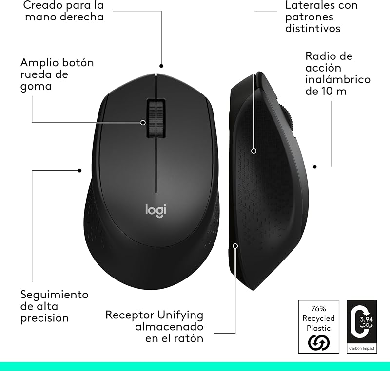 Logitech M280 Wireless Mouse, 2,4 GHz com Nano USB Receiver, Optical Tracking 1000 DPI, 3 botões, bateria de 18 meses, PC / Mac / Laptop - Preto