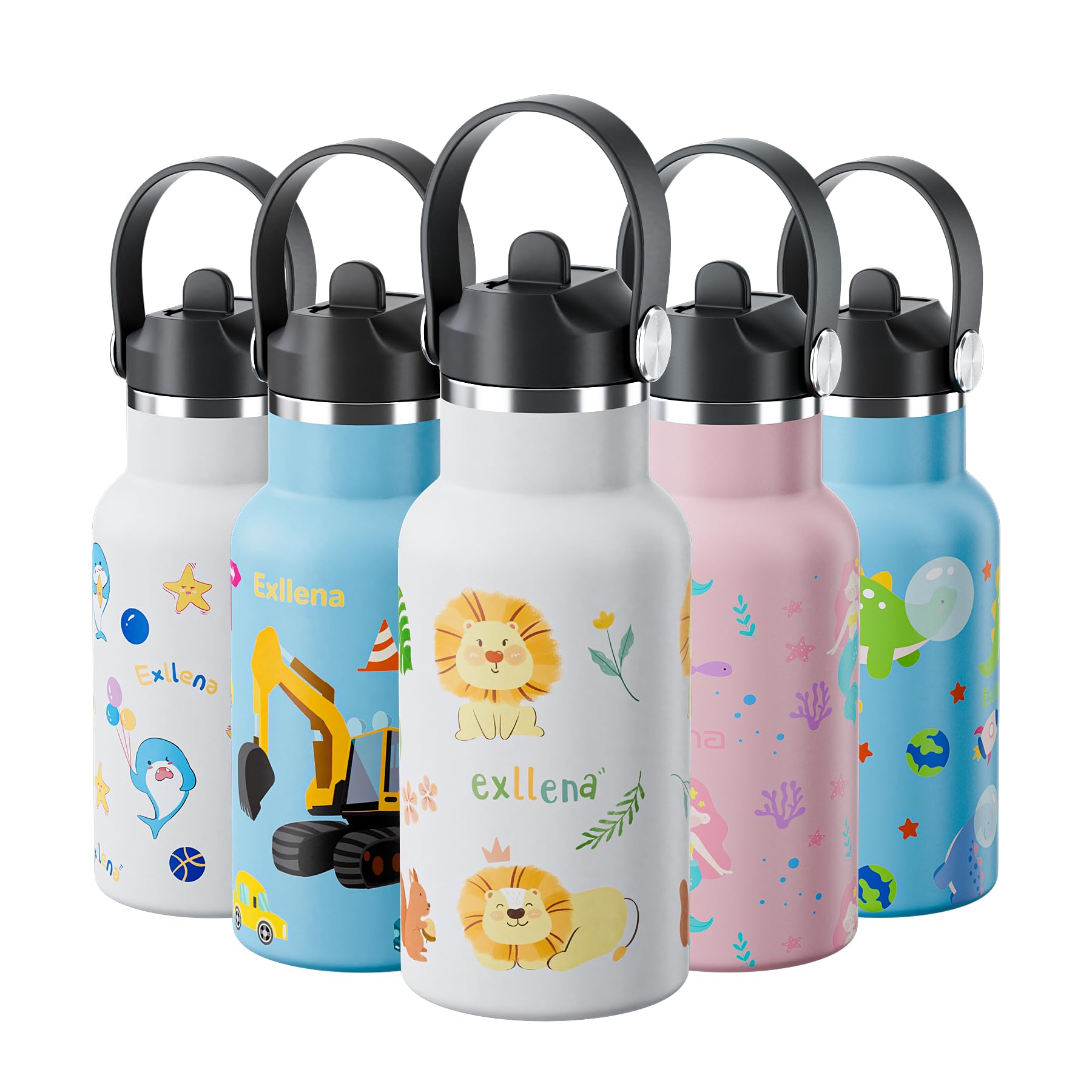 Exllena 350ml Stainless Steel Water Bottle Kids BPA Free with Straw - 100% Leakproof - Kids Insulated Water Bottle with Handle Lid - Easy to Use for Toddlers Girls Boys (Zoo)