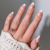 Glamnetic Press On Nails - Short Almond, Glazed Fake Nails 30 Pc Full Kit | Everyday White press on nails in 15 sizes. French tip glue-on set. chip-resistant, up to 2 weeks wear