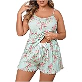 OYOANGLE Women's Plus Size 2 Piece Pajama Set Floral Sleeveless Sleepwear Cami Top and Shorts Pjs Sets