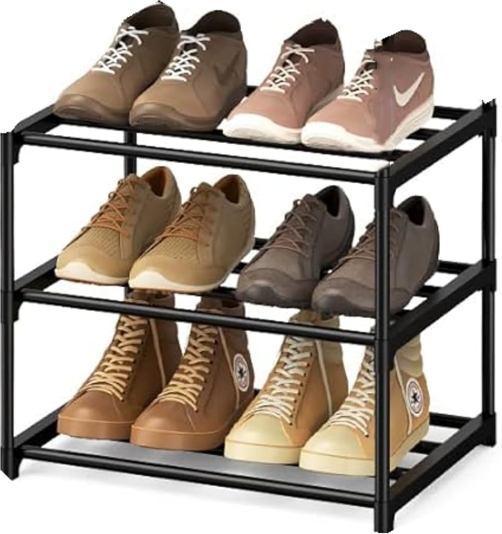 Flosvotals 3 Tier Shoe Rack Space Saving Metal Storage Organizer Black XJ123