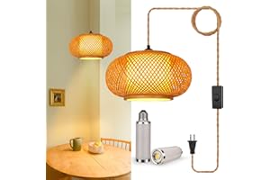 YIIZON Plug in Pendant Light Fixture with Hand Woven Bamboo Lamp Shade Hanging Lights with Plug in Cord Boho Wicker Rattan Hanging Lamp for Dinning Living Kitchen Island Room Bedroom