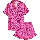 Umeyda Girls Satin Pajamas Set Button Down 2 Piece Silk Pjs Ruffle Sleepwear, Hot Pink Leopard, 13-14 Years