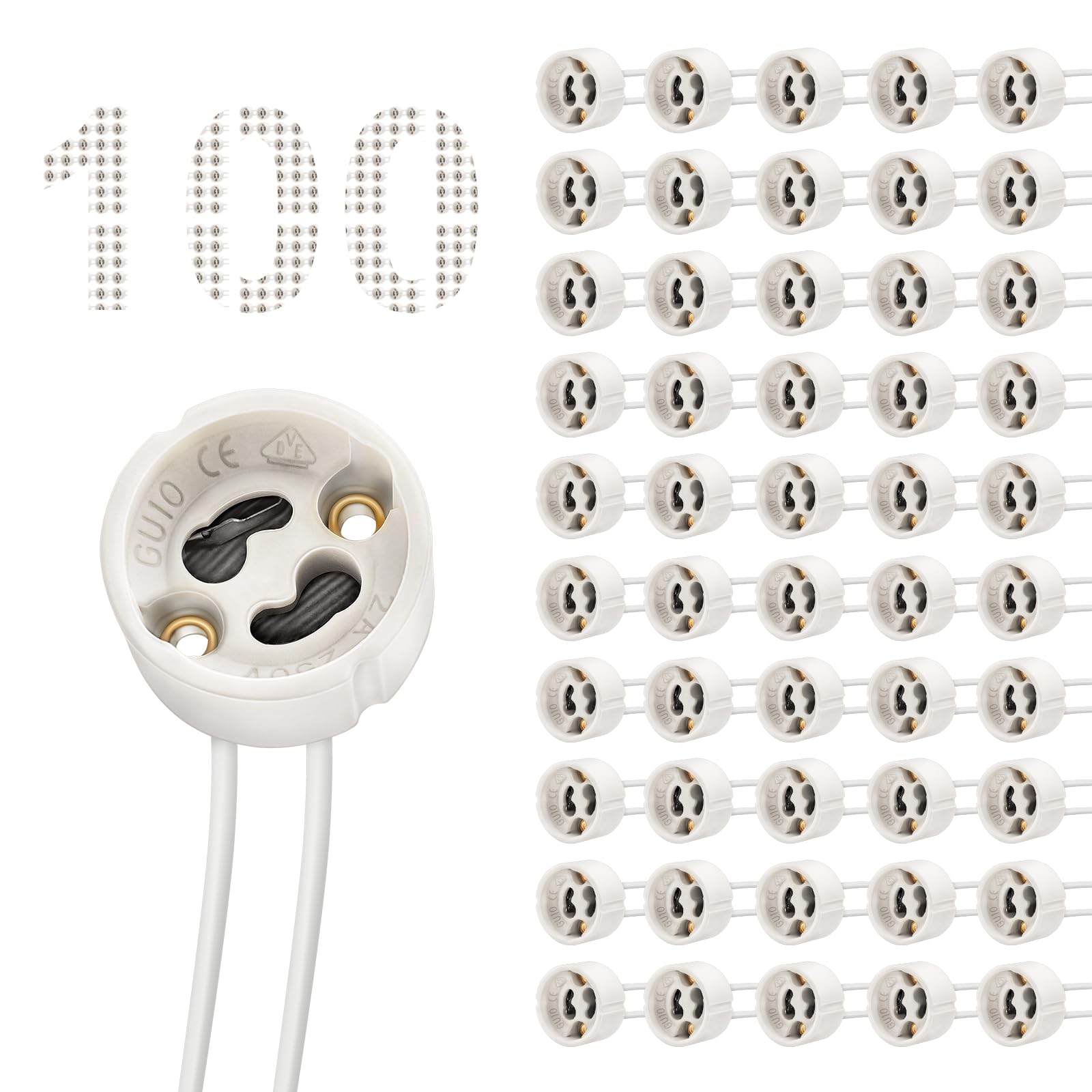 DiCUNO GU10 Lamp Holder 0.75mm² Silicon Wire GU10 Connector Ceramic Base for LED and Halogen,250V,Max 300W,100-Pack