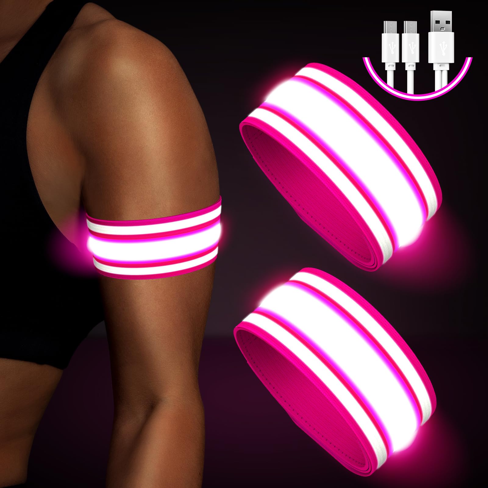 Light Up LED Armband for Running Walking at Night,Reflective Arm Bands for Runners,Rechargeable Jogging Lights,High Visibility Night Running Safety Gear Adjustable Running Women Men Kids