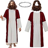 Yearntown Halloween Sage Costume Set with Robe Wig Beard Thorn Headdress Cross Necklace for Men Shepherd Costume