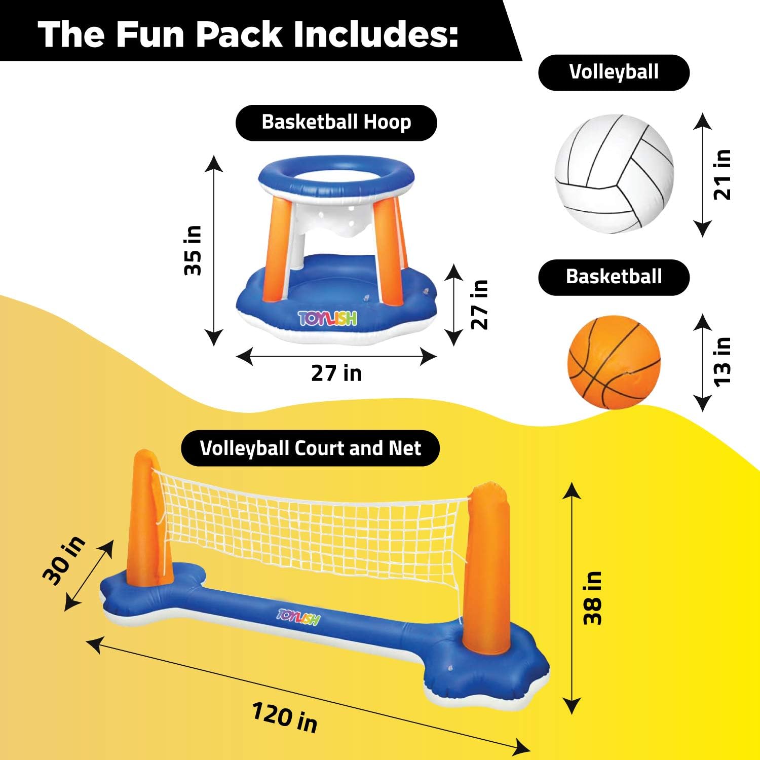 Inflatable Pool Float Set Volleyball Net & Basketball Hoops; Includes Bonus Air Pumper, Balls Included for Kids and Adults Swimming Game Toy, Floating, Summer Floaties, Volleyball Court (105”x28”x35”): Toys & Games