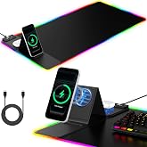 Miroddi RGB Mouse Pad Large Desk Mat with Wireless Charger | All-in-one desktop organizer with adjustable magnetic phone holder, earbud docking slot, and multi-mode LED illumination