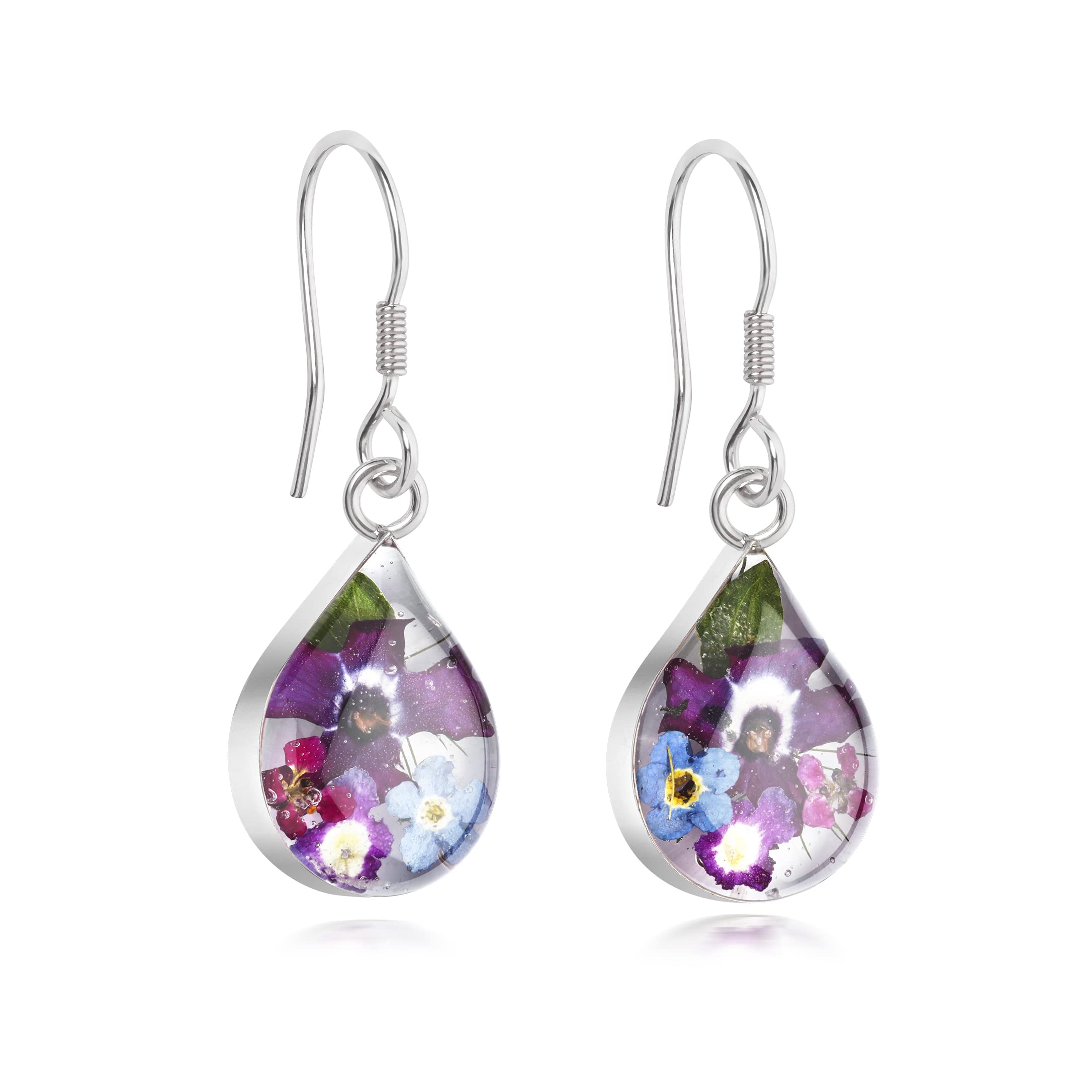 Sterling Silver Tear Drop Earrings Made With Real Flowers Midnight Blue and Purple