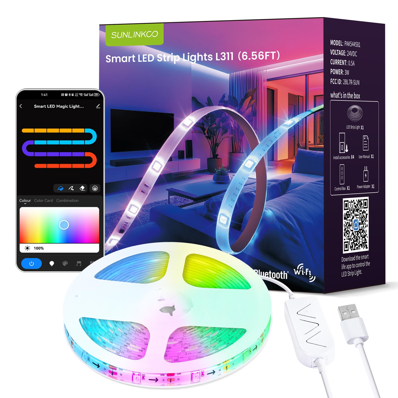 Photo 1 of SUNLINKCO RGB+IC LED Strip Lights, Smart LED Light for Bedroom, Color Changing LED Strips with 44 Scene Modes, Segmented Control, for Bedroom Home TV Wall Décor, Party, Festival, Gathering